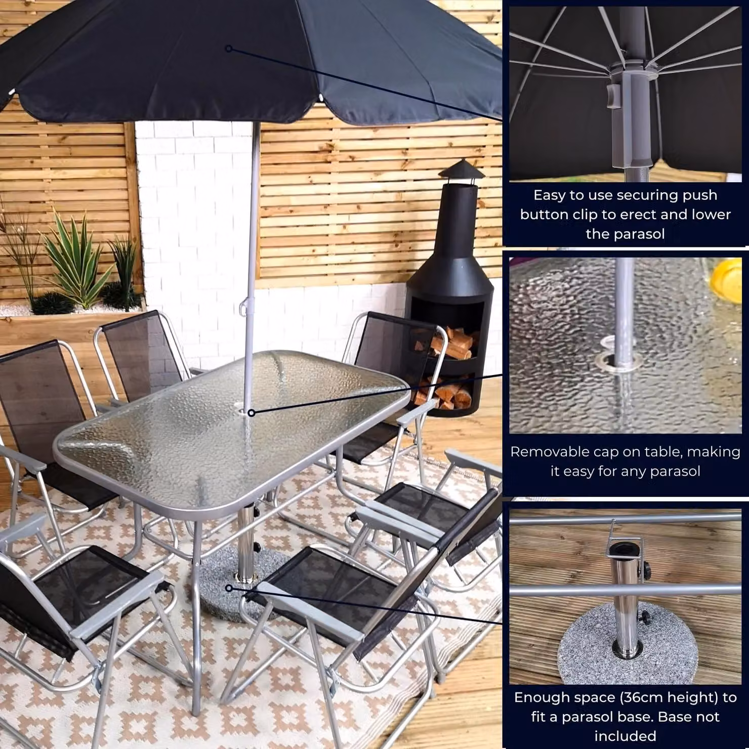 Samuel Alexander 8 Person Garden Furniture Set with Table, Chairs and Parasol in Black and Grey – 4
