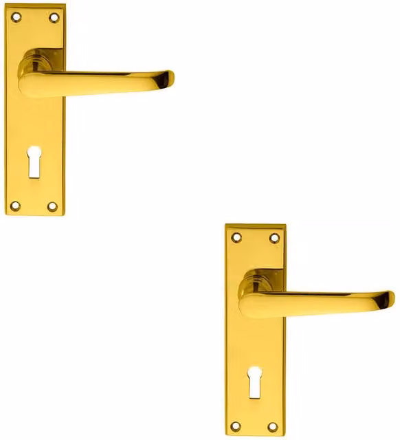Loops 2x Pair Straight Victorian Handle on Lock Backplate, Polished Brass, W: 15.0 cm, H: 4.2 cm