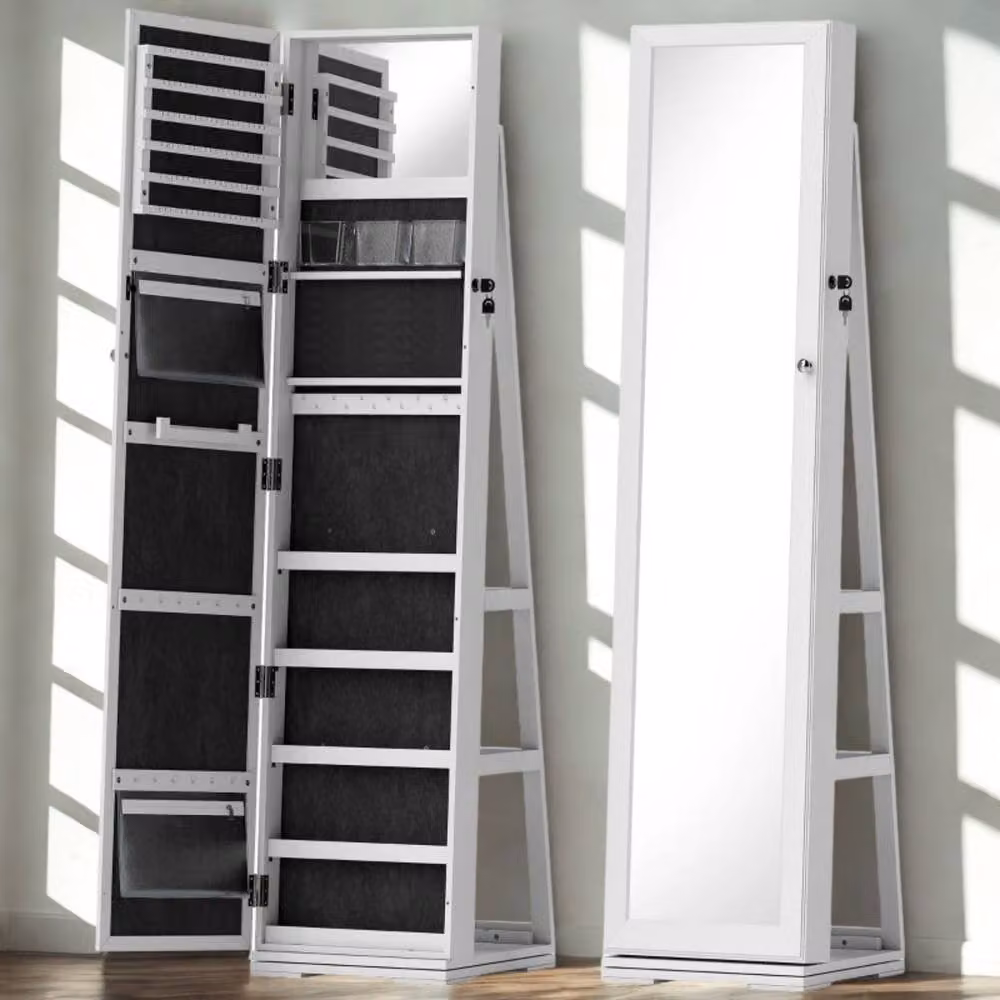 Pirlo Plush Modern Full Length Freestanding Mirror with Internal Shelves and Lock, White, H 160 cm x W 38 cm x D 20 cm – 4