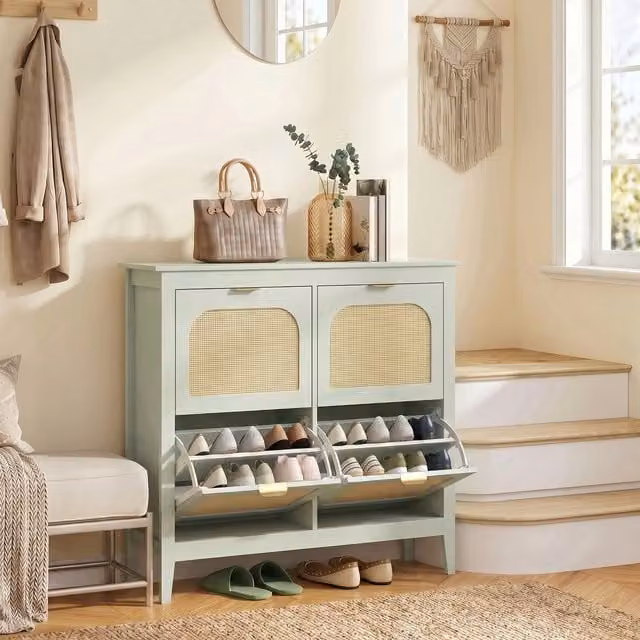 HOMCOM Boho Slim Shoe Cabinet with Rattan Doors in Light Green, Holds 20 Pairs