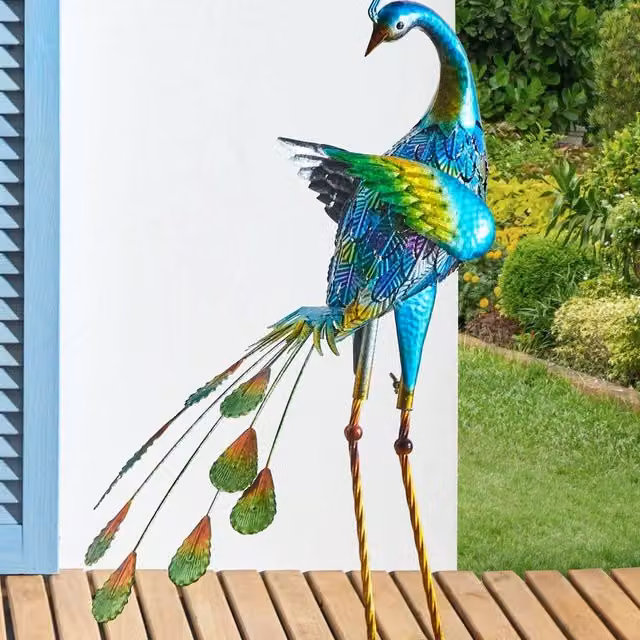 Wyld and Coco Blue Hand-Painted Metal Peacock Figurine, Height: 75 cm