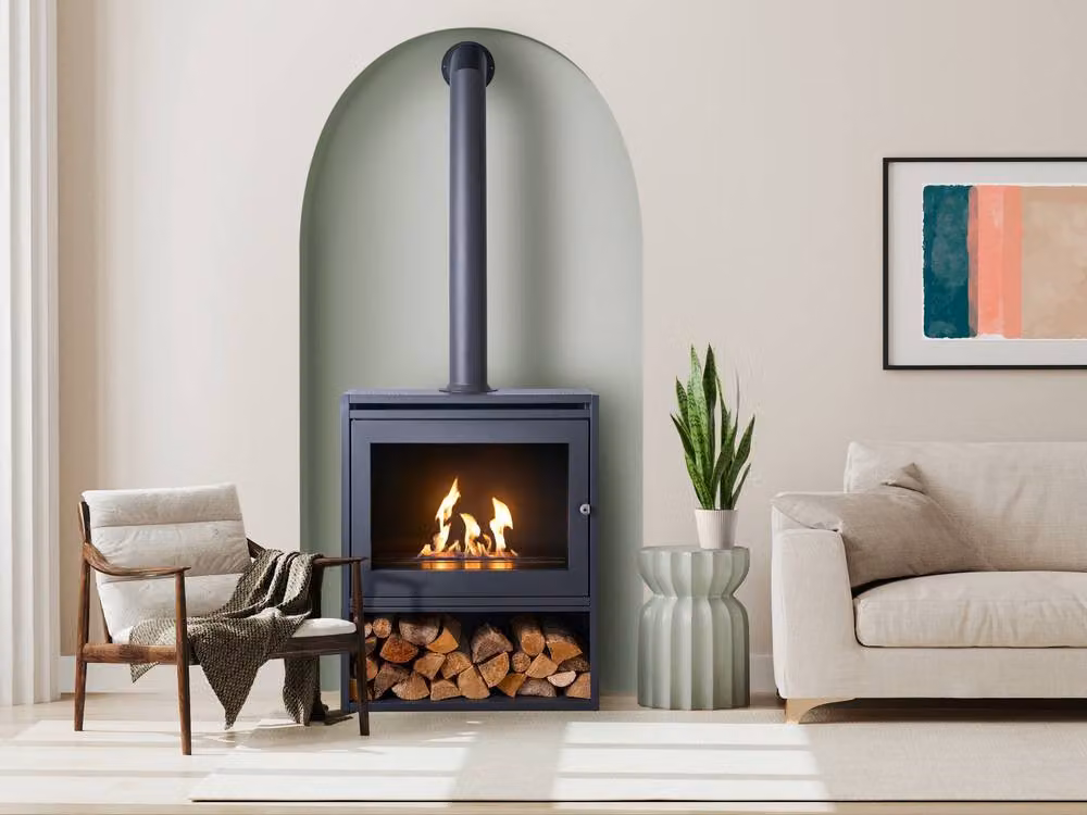 OKO S6 Bio Ethanol Stove and Log Store in Grey with Extra Tall Angled Metal Pipe – 2