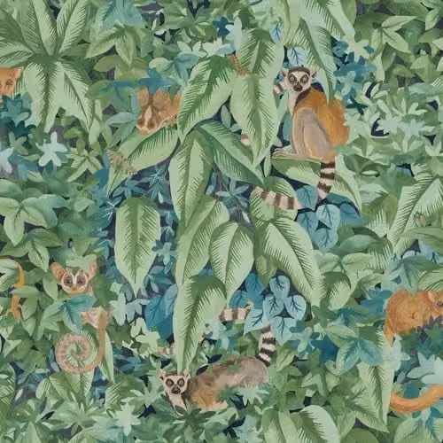 Holden Decor Odyssey Lemur Tropical Monkey Themed Wallpaper in Aqua and Green