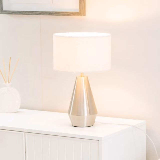 ValueLights Jax Dimmable Touch Table Lamp in Brushed Chrome with Beige Fabric Shade, H 41 cm x W 25 cm