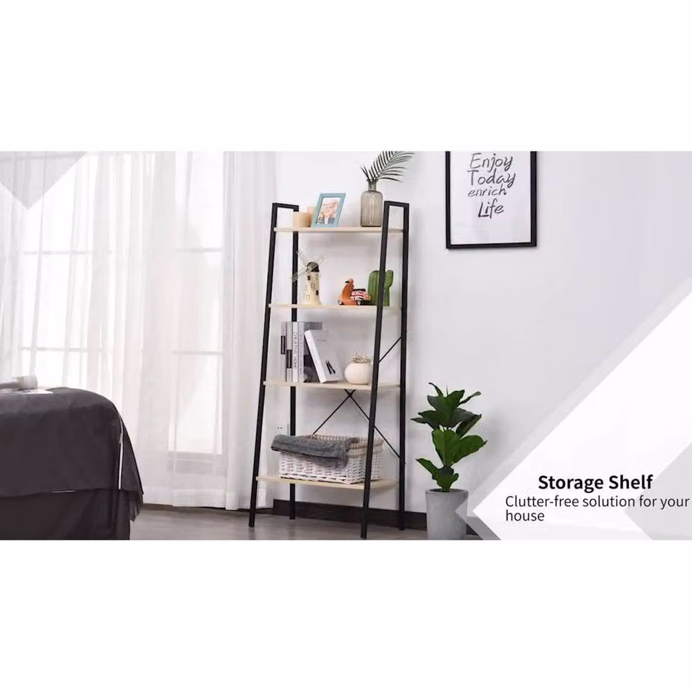 NESTLUNE 4-Tier Minimalist Ladder Shelf Unit in Matt Black Metal and MDF, Height: 100 cm, Depth: 15 cm – 2
