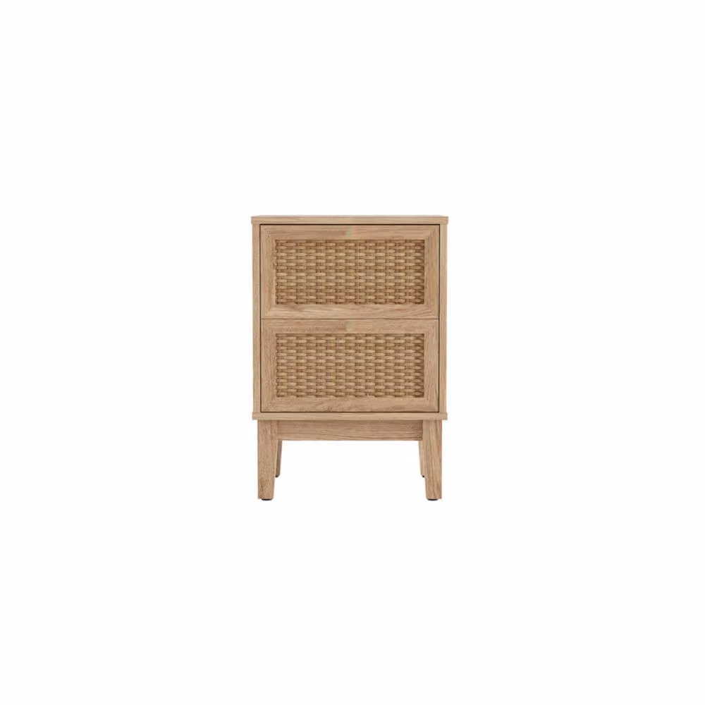 Wyld Haus Waterford Oak and Woven Rattan 2 Drawer Bedside Cabinet in Sand, Gold and Brown, W/D/H: 40.0 x 35.5 x 58.7 cm – 2