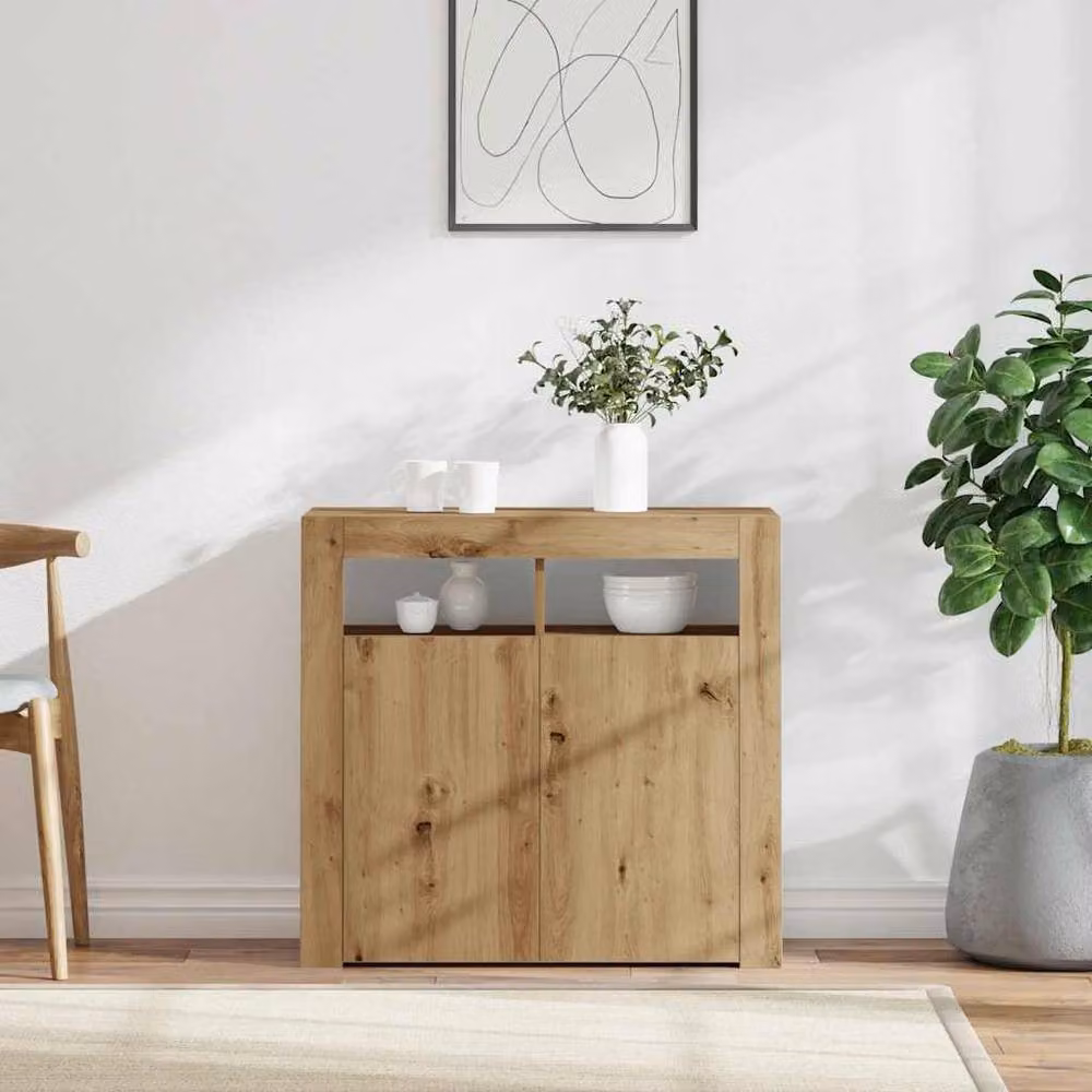Berkfield Home Artisan Oak Sideboard with Integrated LED Lights in Brown, W/D/H: 80 x 35 x 75 cm – 2