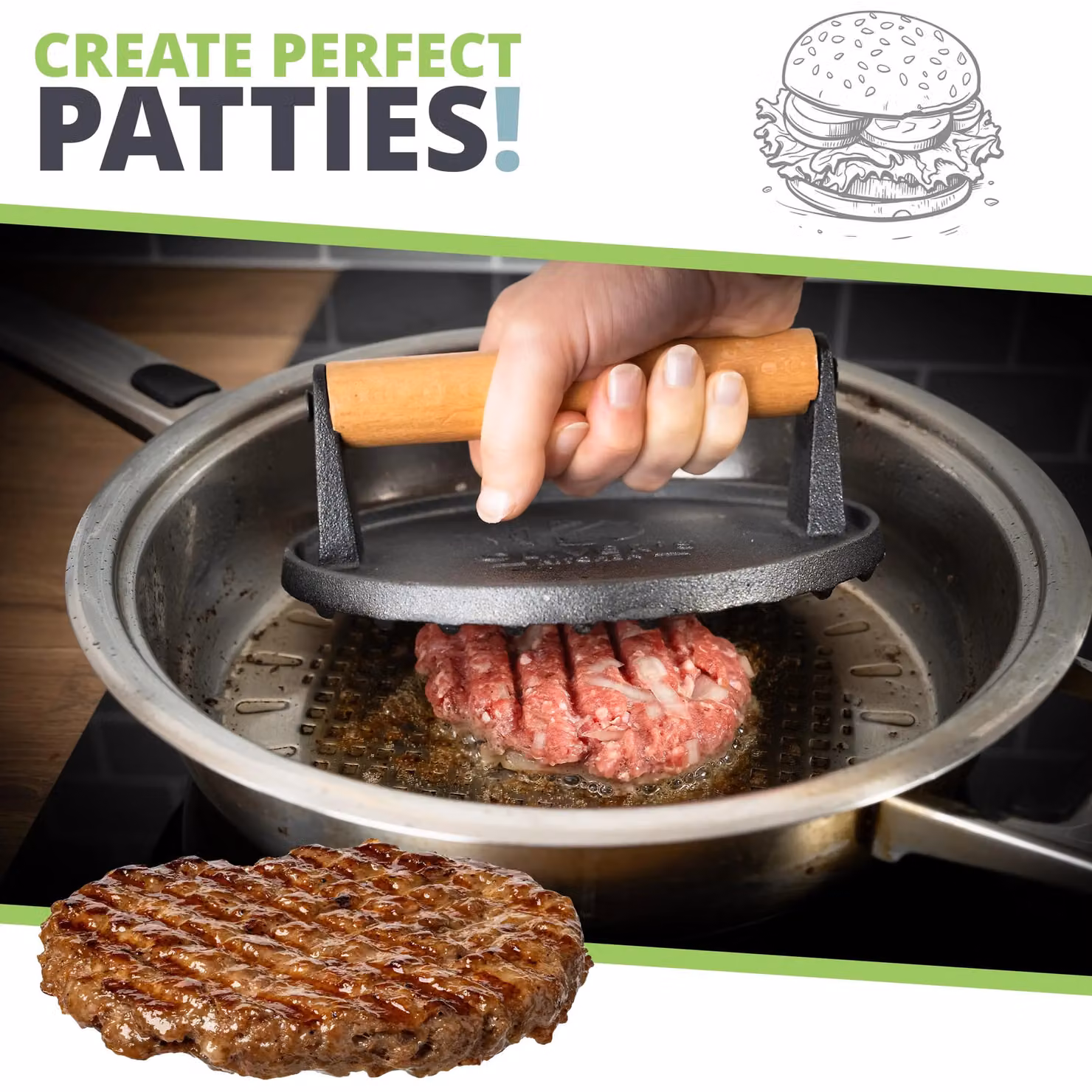 Oliver's Kitchen Cast Iron Smash Burger Press in Black with Ergonomic Grip – 2