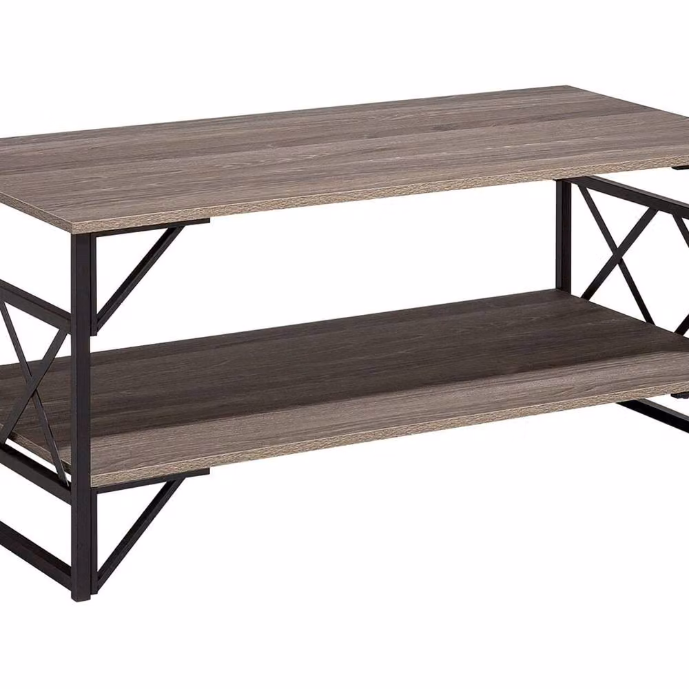 Wyld and Coco Industrial Coffee Table with Taupe Wood Veneer Top and Black Metal X-Frame, W: 120 cm, D: 61 cm, H: 51 cm – 2