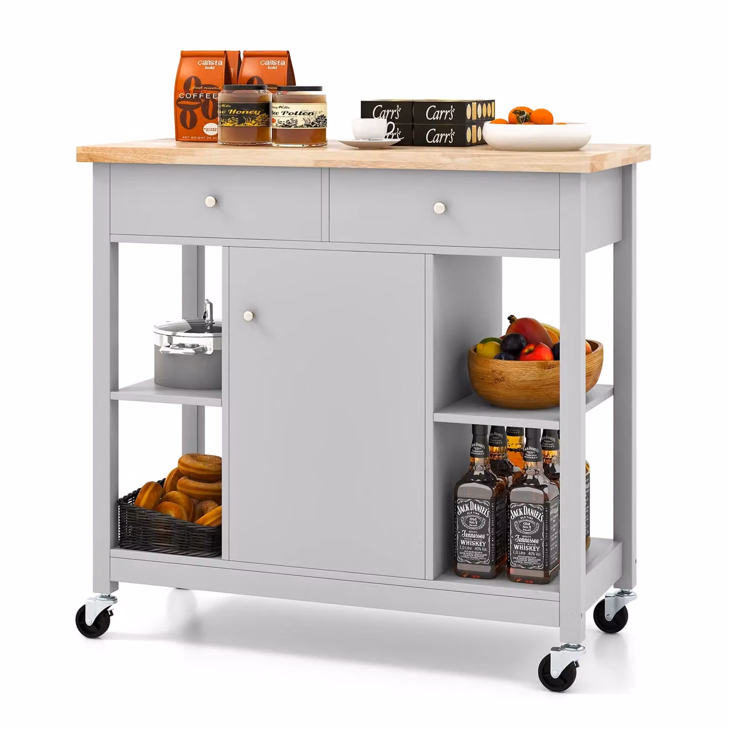 Costway Grey Kitchen Trolley Cart with Rubberwood Top and Cabinet – 2
