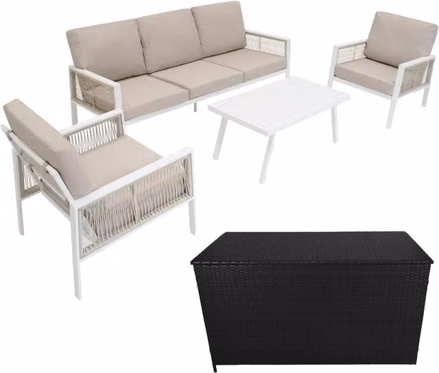 Monstershop 4 Piece Aluminium Sofa Set with Black Rattan Storage Box, White – 1
