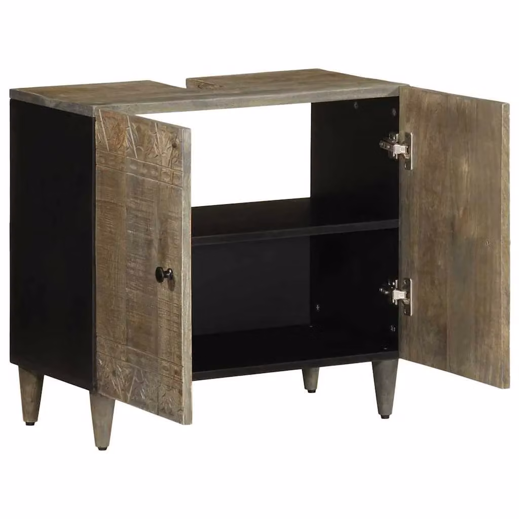 Berkfield Home Black Solid Mango Wood Wall Mounted Bathroom Sink Cabinet W/D/H: 62 x 33 x 58 cm – 2