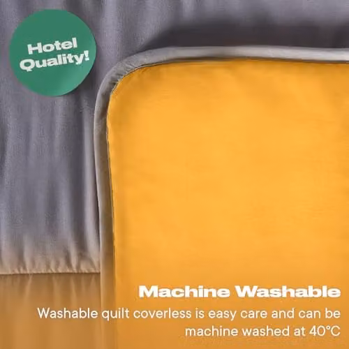 OHS 10.5 Tog King Size Coverless Duvet and Pillowcase Set, Reversible Grey and Yellow Microfibre Hollow Fibre Bedding – 3