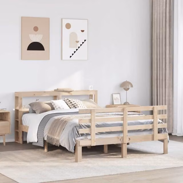 Berkfield Home Small Double Bed Frame with Headboard and Side Compartments in Brown, Solid Pine Wood, W/D/H: 120 x 200 cm
