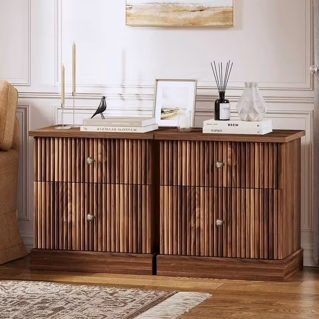 VOGREX Mid-Century Modern 2-Drawer Wooden Bedroom Bedside Cabinet in Brown – 1