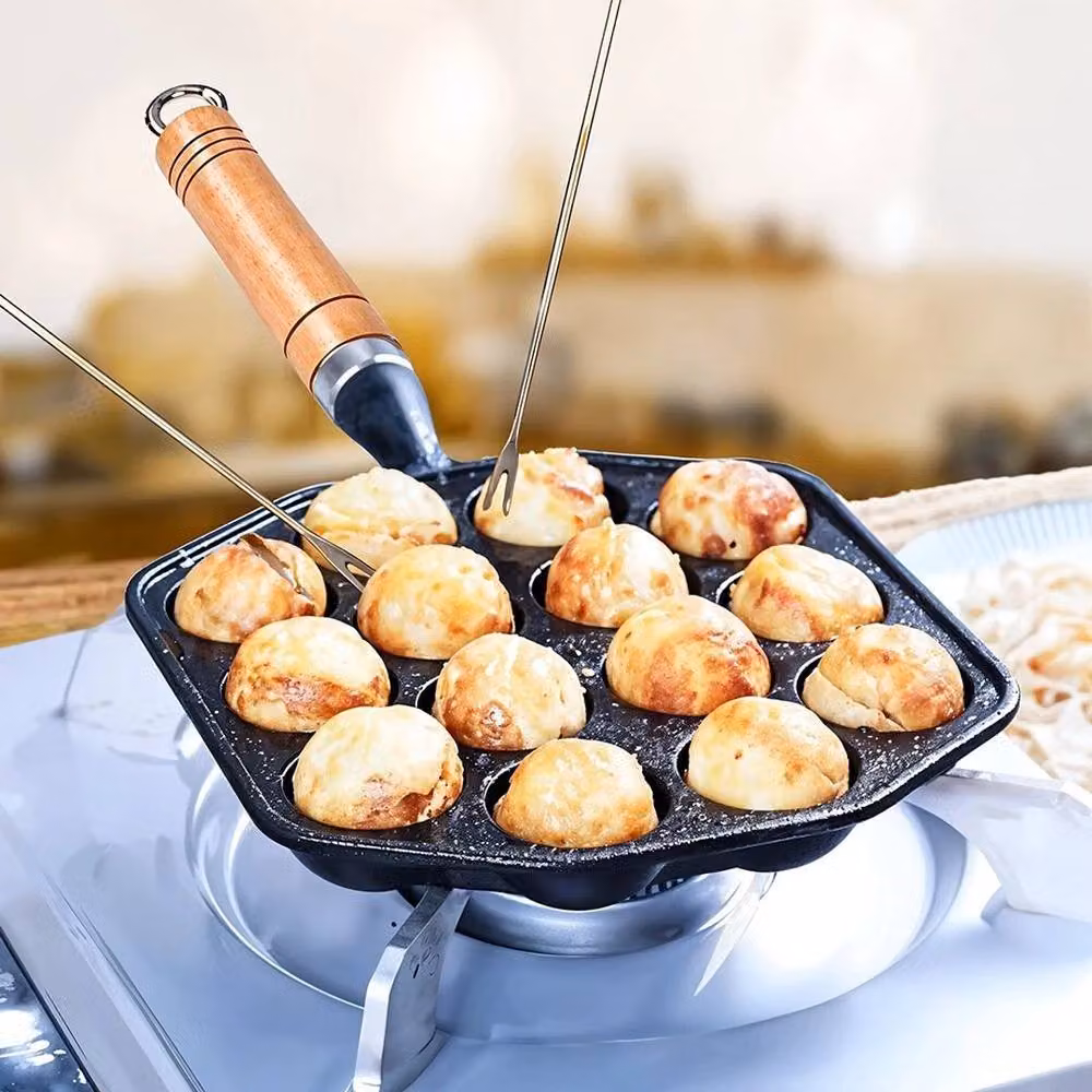 NESTLUNE Non Stick Cast Iron Takoyaki Grill Pan with 14 Holes and Removable Handle, Grey, W: 100 cm, D: 15 cm – 2