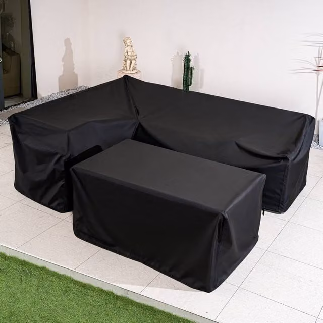 Direct Wicker Black Polyester Protective Cover for Corner Sofa and Rectangular Table Set