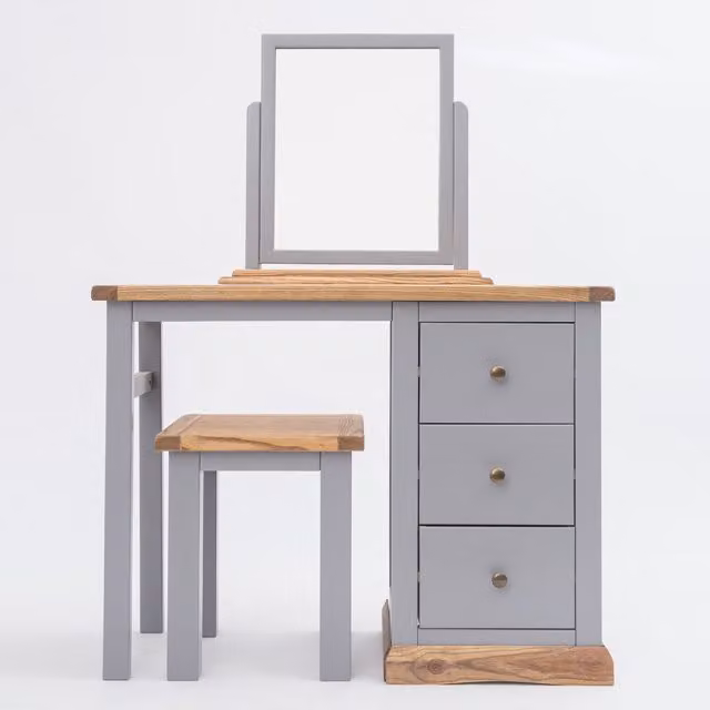 Cabinet Bits Biccari 3 Drawer Dressing Table Set in Grey Ash Wood with Brass Knobs