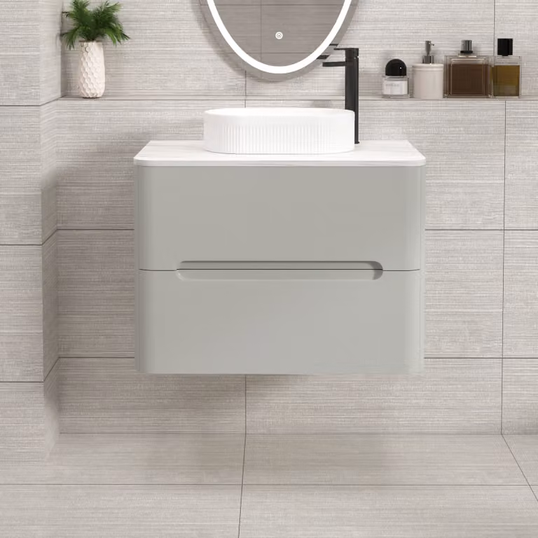 Royal Bathrooms Venice Wall Hung 2 Drawer Vanity Unit in Dove Grey with Carrara White Undrilled Worktop