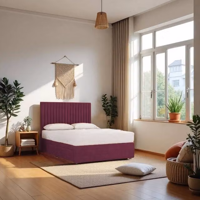 Knight Sleep Emily No Draw Divan Bed Base with Headboard in Purple Plush Velvet, W/D/H: 90 x 190 cm