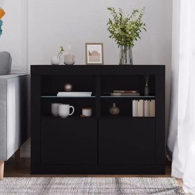 Berkfield Home Set of 2 Black Modern Side Cabinets with Glass Doors and Integrated LED Lighting – 1