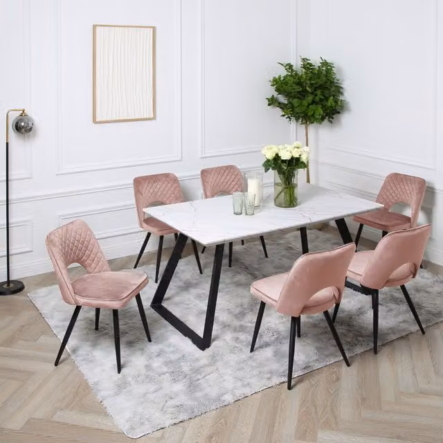 Home Garden Direct Venice Dining Set with Marble-Effect Rectangular Table and 6 Pink Chairs
