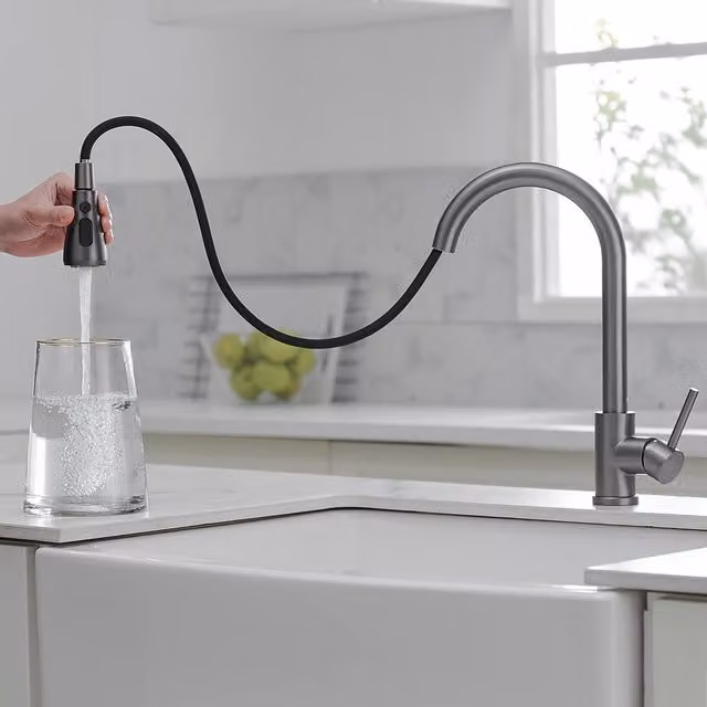 Heable Grey Brushed Steel Single-Lever Pull-Down Kitchen Mixer Tap with Swivel Spout and Spray Function – 1