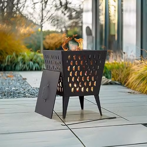 SUNJOY Black Steel Outdoor Fire Pit with Elevated Base, Cover and Poker, W: 46 cm, D: 46 cm, H: 61 cm – 4