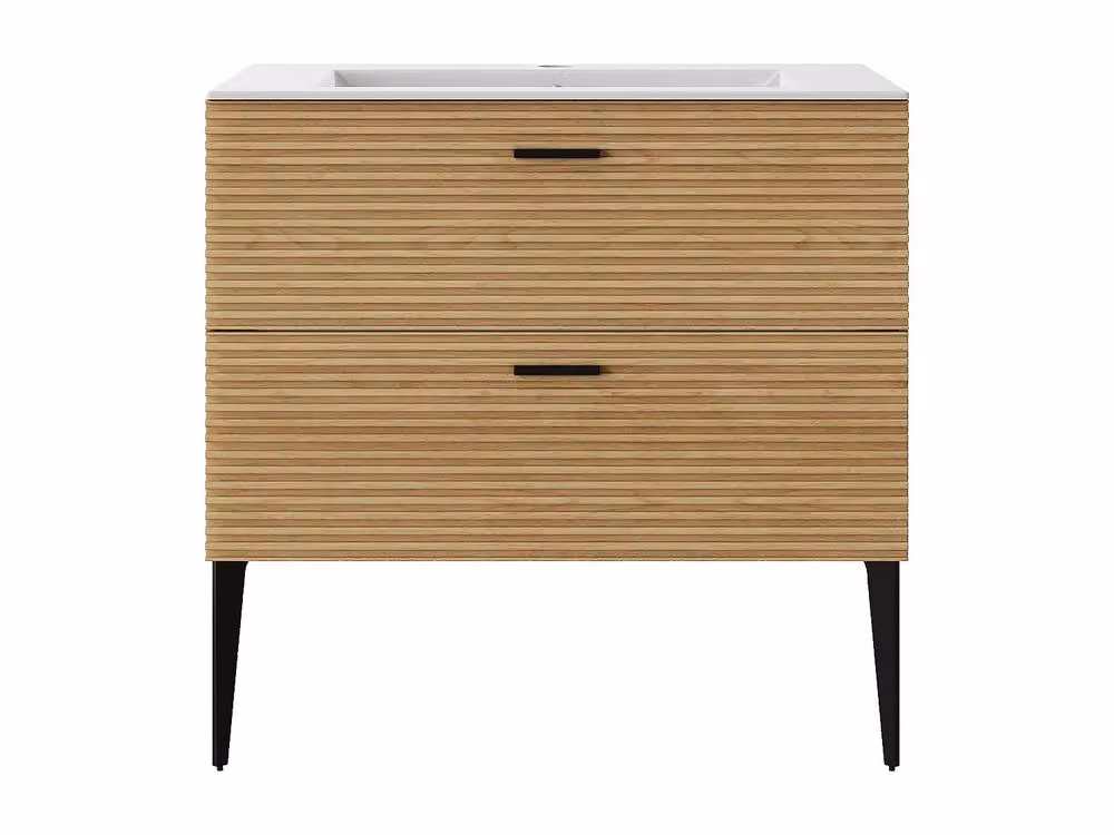 Vente-unique Sarone Ribbed Bathroom Cabinet with Built-in Basin and 2 Drawers in Light Oak, W: 80 cm, D: 47 cm, H: 46 cm – 2