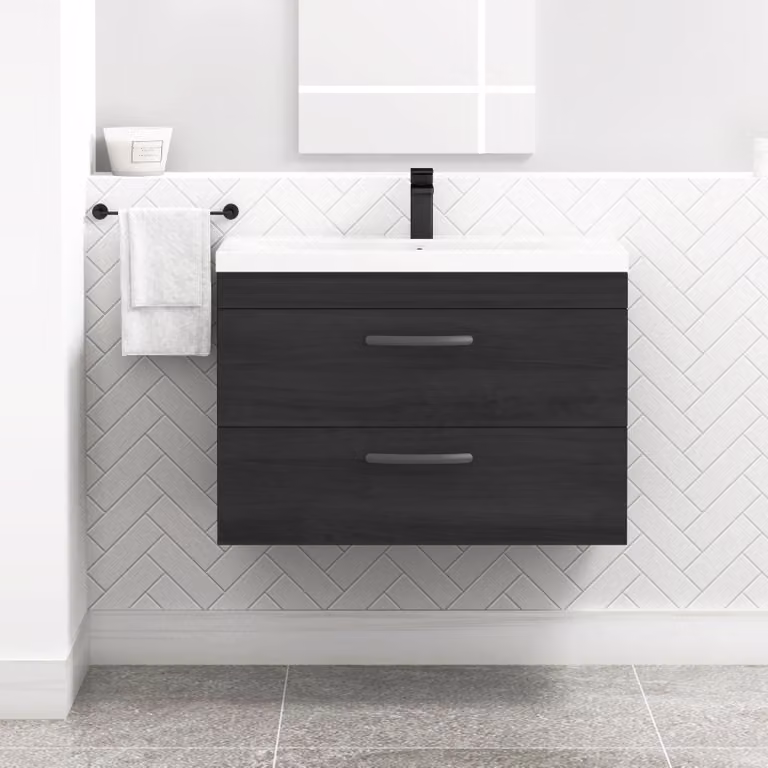 Royal Bathrooms Turin 800mm Wall Hung Vanity Unit in Hale Black with 2 Drawers and Matt Black Handles