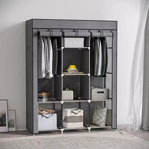 HOMCOM Fabric Wardrobe with Hanging Rod and Internal Shelves, Grey, W/D/H: 125 x 43 x 162.5 cm – 2