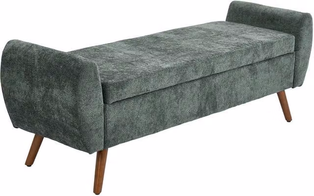 Living and Home Mid-Century Modern Upholstered Storage Bench in Green with Walnut Wood Frame