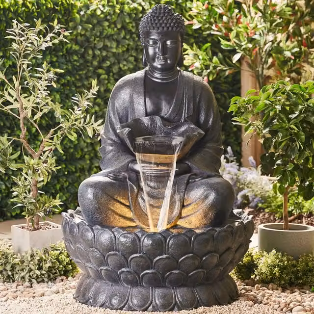 Serenity Extra Large Buddha on a Lotus Flower Grey Plastic Cascade Water Feature