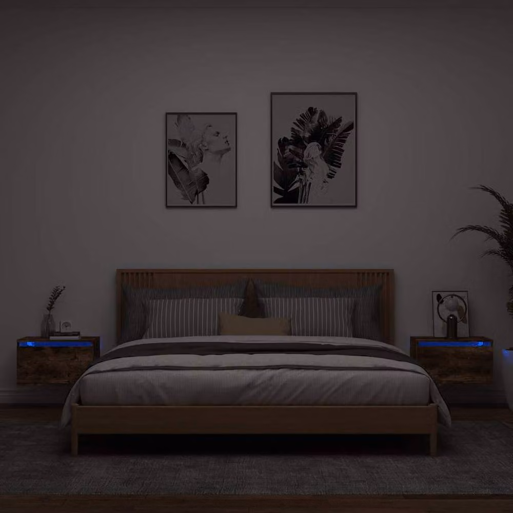 Berkfield Home Set of 2 Wall-mounted Bedside Cabinets with Integrated LED Lights, Smoked Oak, Brown, W/D/H: 36 x 30 x 50 cm – 2