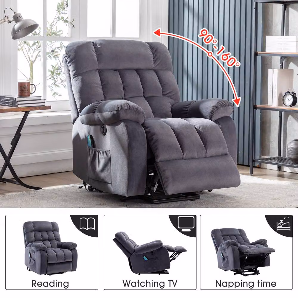 ModernLuxe Grey Fabric Power Lift Recliner Chair with Massage, Heat and Side Pockets – 5