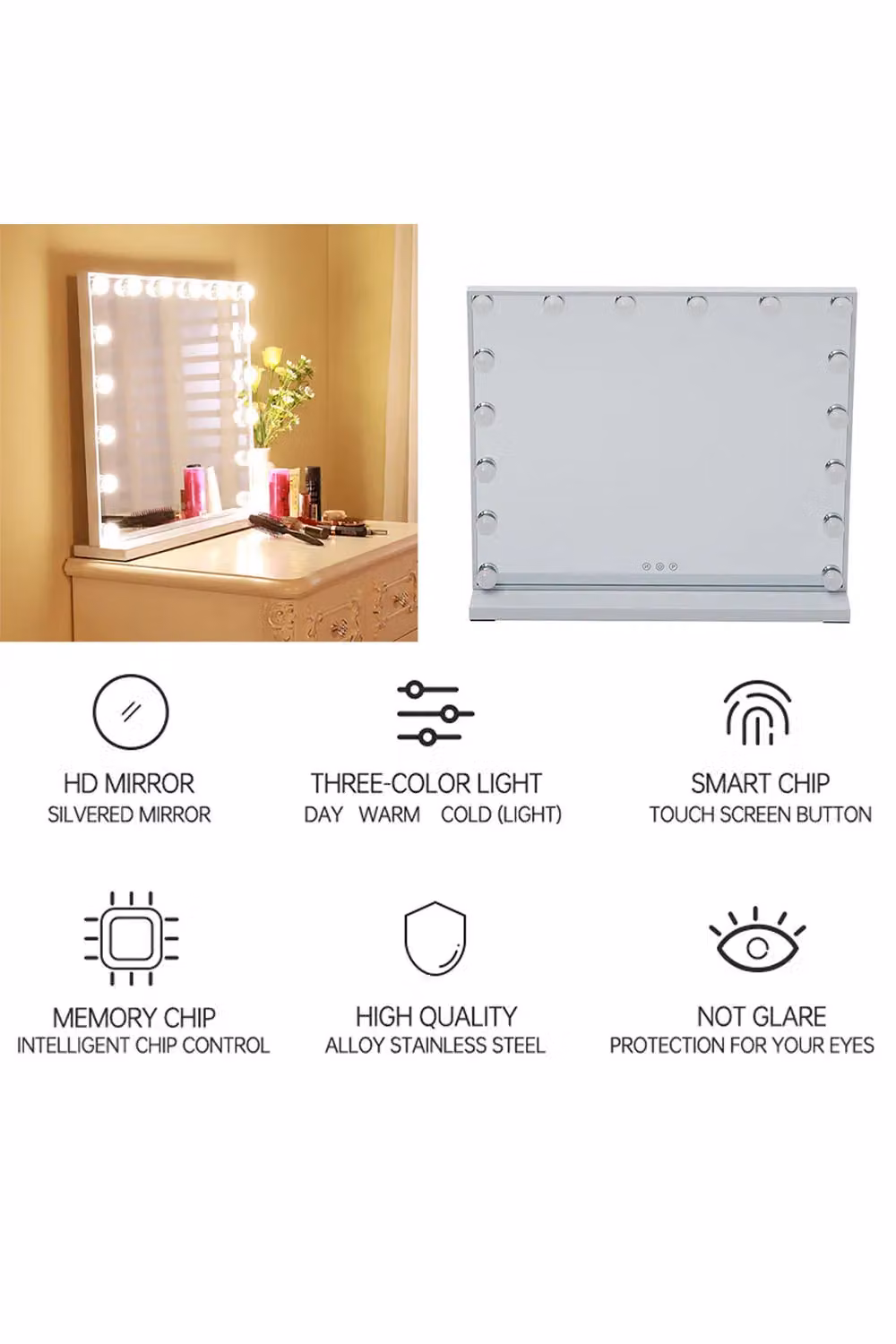 H&O Direct Makeup Vanity Mirror with LED Lights, White, W/D/H: 54.5 x 62.0 cm – 3