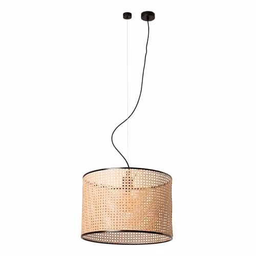 FARO BARCELONA Mambo 450 Cylindrical Suspended Pendant Light in Black and Rattan or Beige – 1