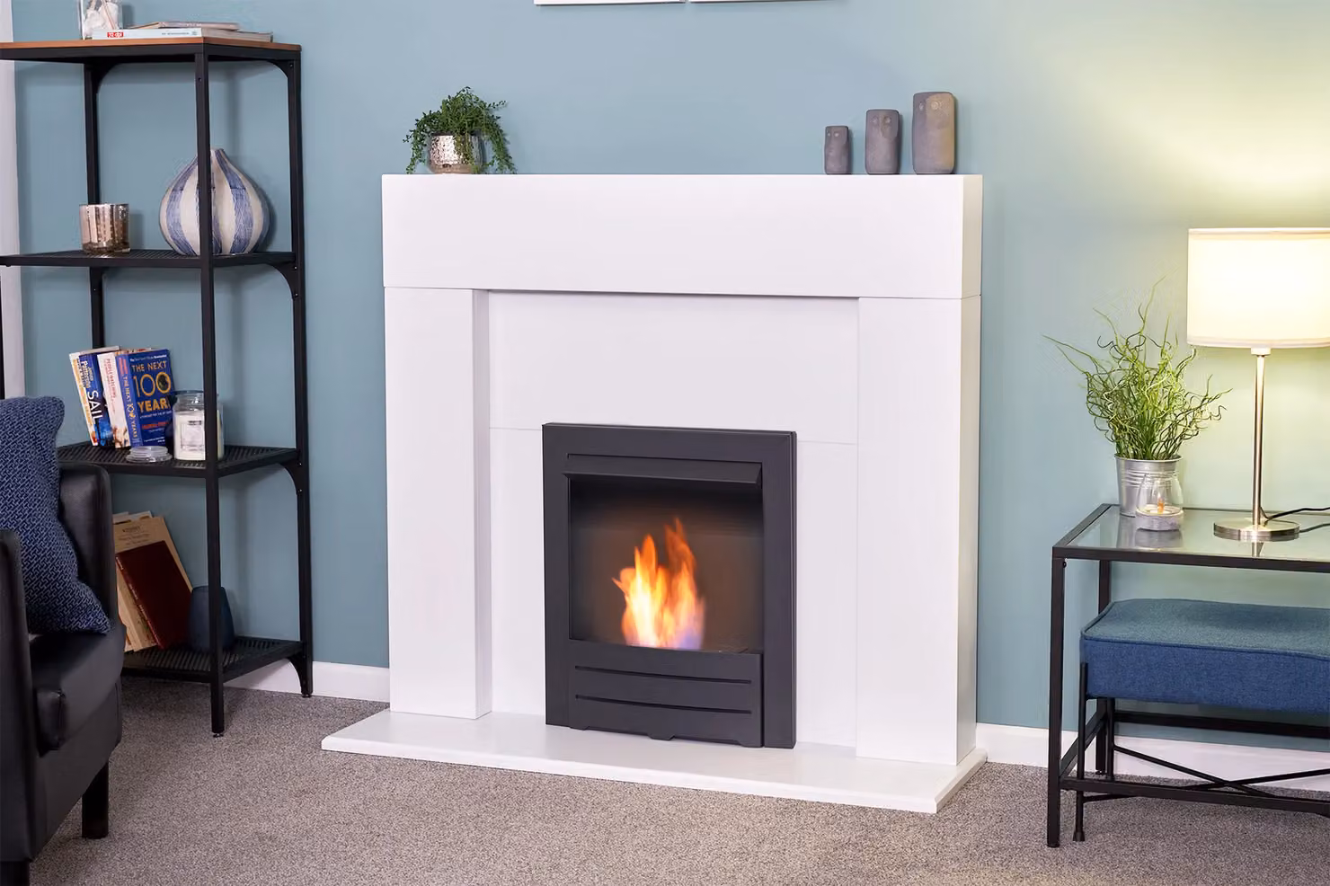 Adam Fires & Fireplaces Miami Fireplace in Pure White with Black Colorado Bio Ethanol Fire, 48 Inch – 2