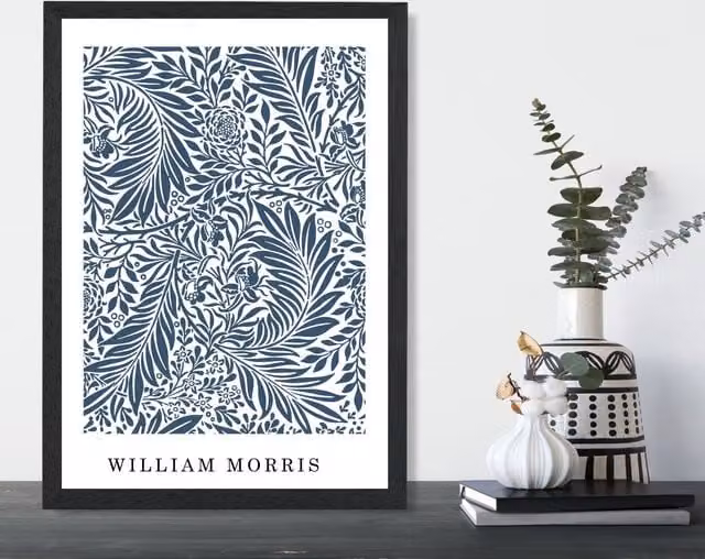 ARTZE Vintage William Morris Larkspur Floral Art Print in Navy and White with Black Frame