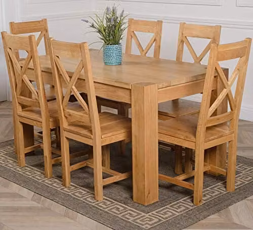 Oak Furniture King Kuba 6 Seater Solid Oak Dining Set in Brown with Berkeley Oak Chairs, W/D/H: 150 x 85 x 78 cm