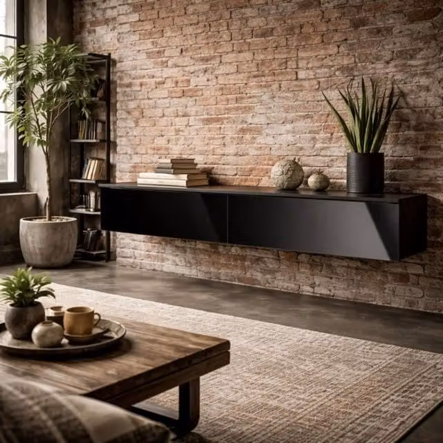 Wyld Haus Elkaro High Gloss Floating TV Bench in Grey and Black for TVs up to 70 inch, W: 160.0 cm, H: 35.0 cm, D: 32.0 cm