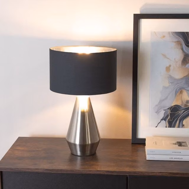 ValueLights Jax Dimmable Touch Table Lamp with Black Fabric Drum and Chrome Shade including Warm White Bulb
