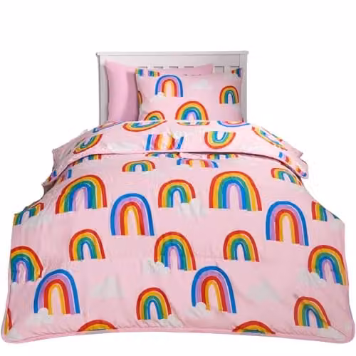 OHS Kids Coverless Duvet and Pillowcase Set, Rainbow Print, Pink, 10.5 Tog, W/D/H: 135 x 200 cm