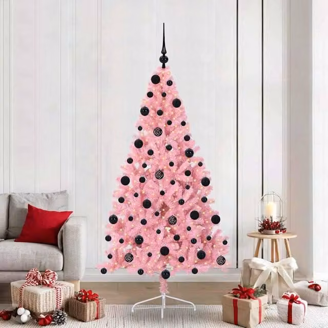Berkfield Home Artificial Pre-lit Pink Christmas Tree with 300 LEDs, Height: 210 cm
