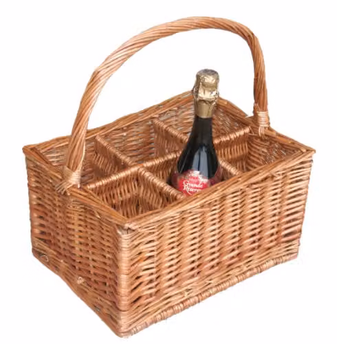 Red Hamper Double Steamed 6 Bottle Drinks Carrier Basket in Red and Brown Rattan