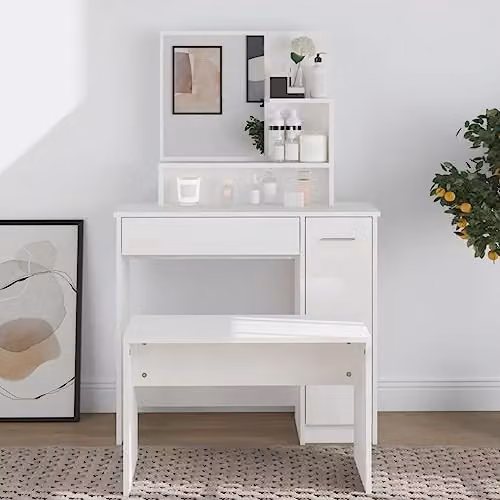 vidaXL High Gloss White Dressing Table with Mirror and Drawers – 2