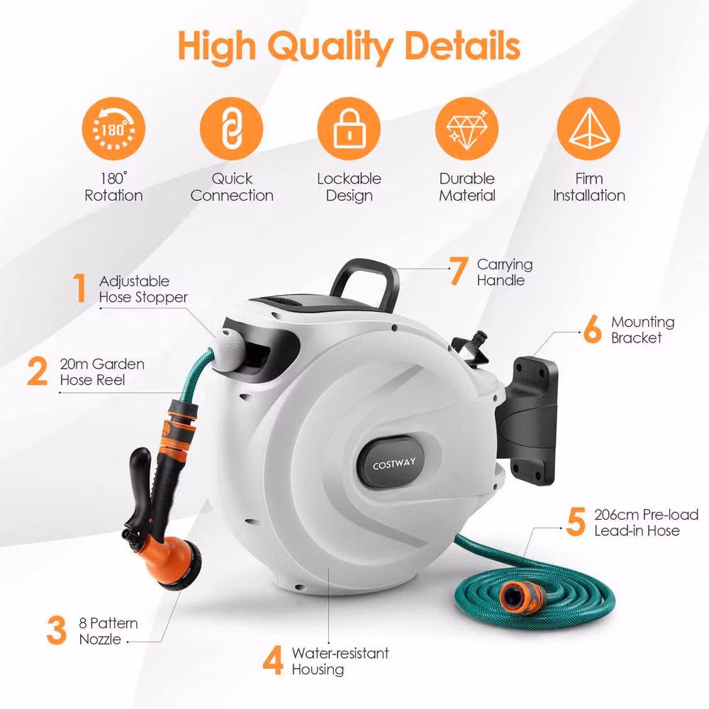 Costway Wall Mounted Retractable Auto Rewind Portable Hose Reel with 20+2m Hose in White – 2
