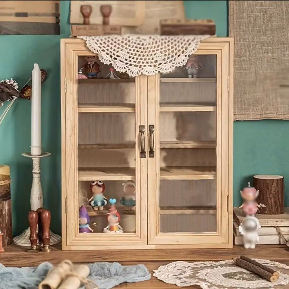 EONLION Brown Wooden Display Cabinet with Glass Doors and Internal Shelves – 3