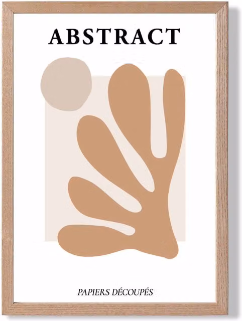 ARTZE Matisse Floral Cutout Mid Century Framed Print in Orange and Beige with Oak Wood Frame, A3