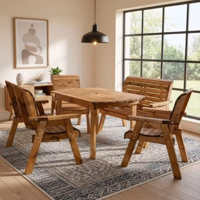 Samuel Alexander Handmade 6 Seater Rustic Wooden Indoor Dining Table, Bench and Chair Set in Brown – 1